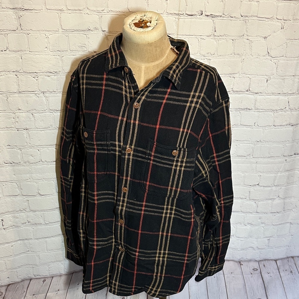 Old Navy Mens Plaid Flannel‎ Shacket Black Tan Red Western Fall Large